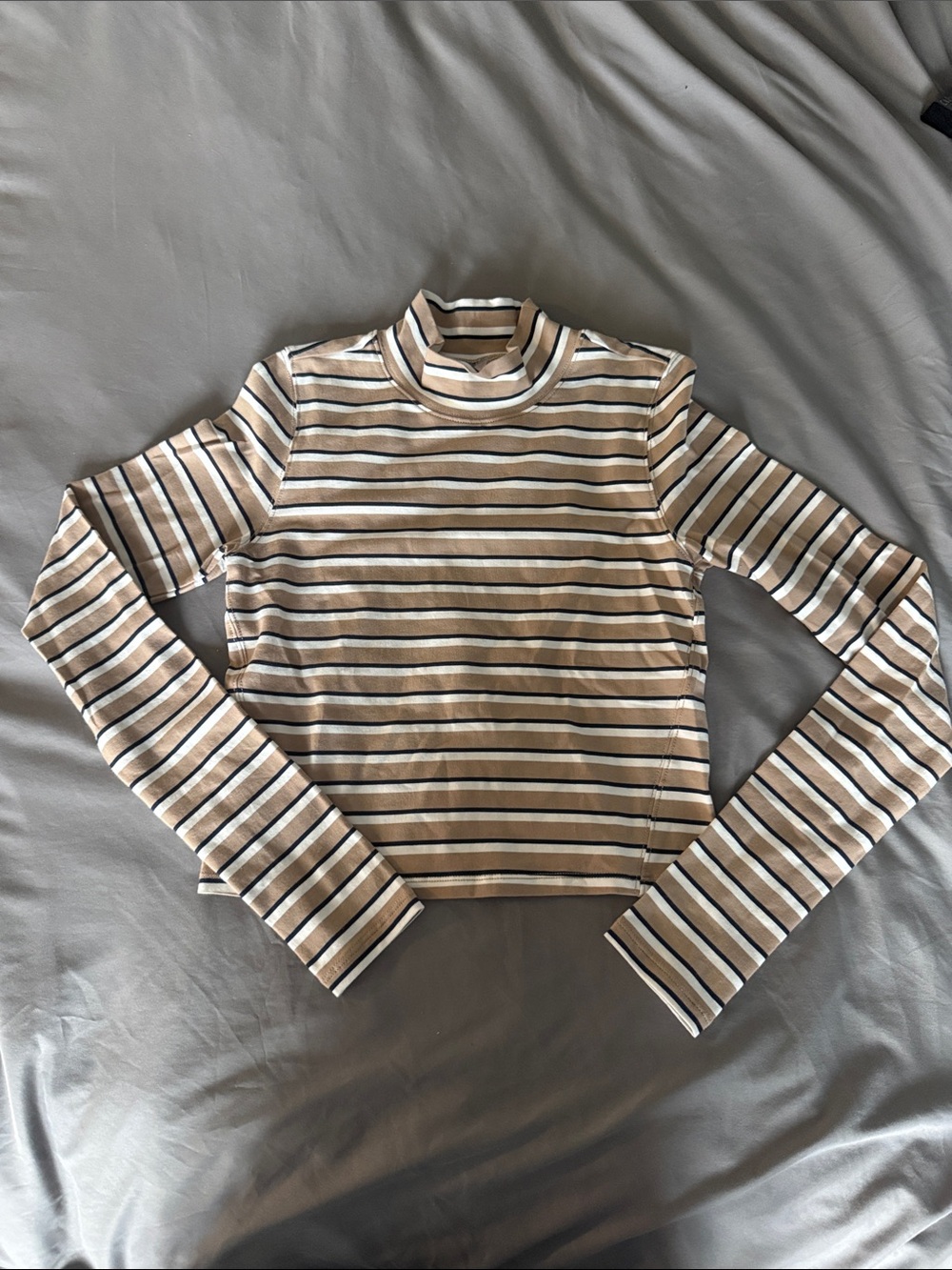 Free People Striped Mock Neck Crop Top in Tan, White & Navy